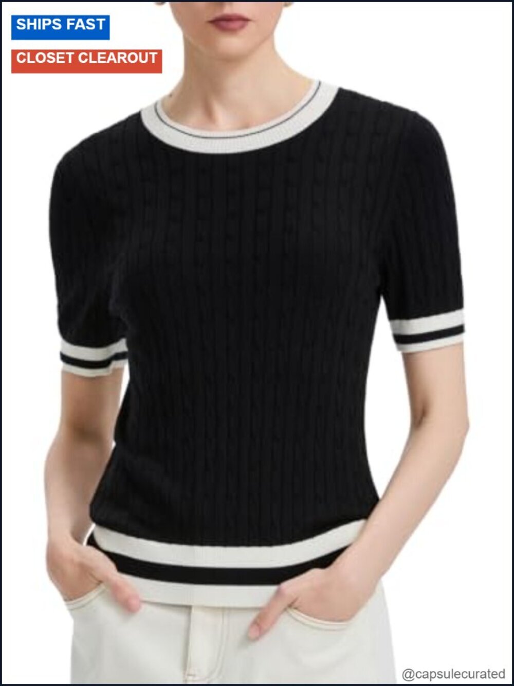 Silk Blend Cable Knit Striped Pullover Short Sleeve Sweater Women